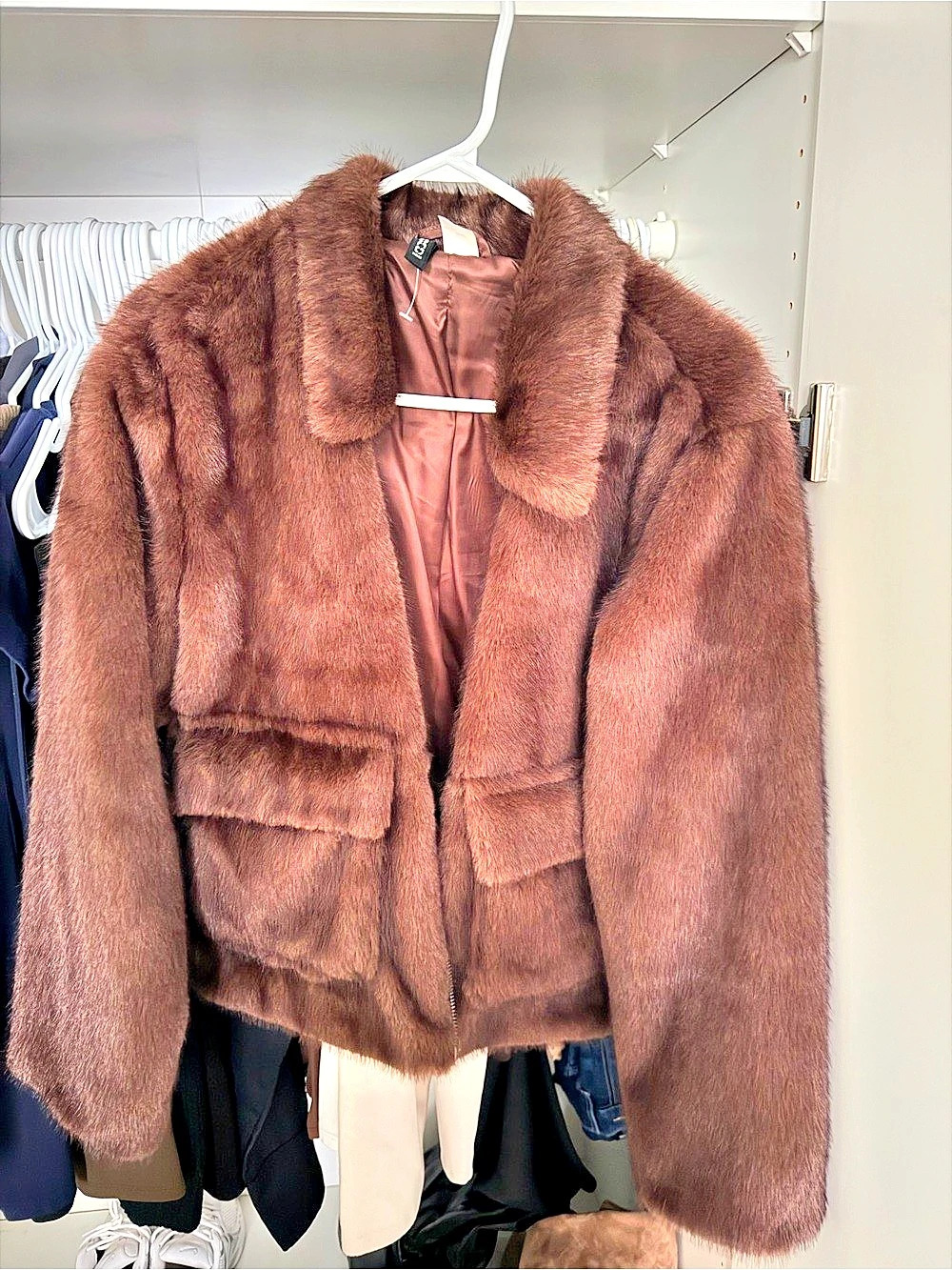 H&M Faux Fur Zip-Front Jacket Brown Teddy Jacket
